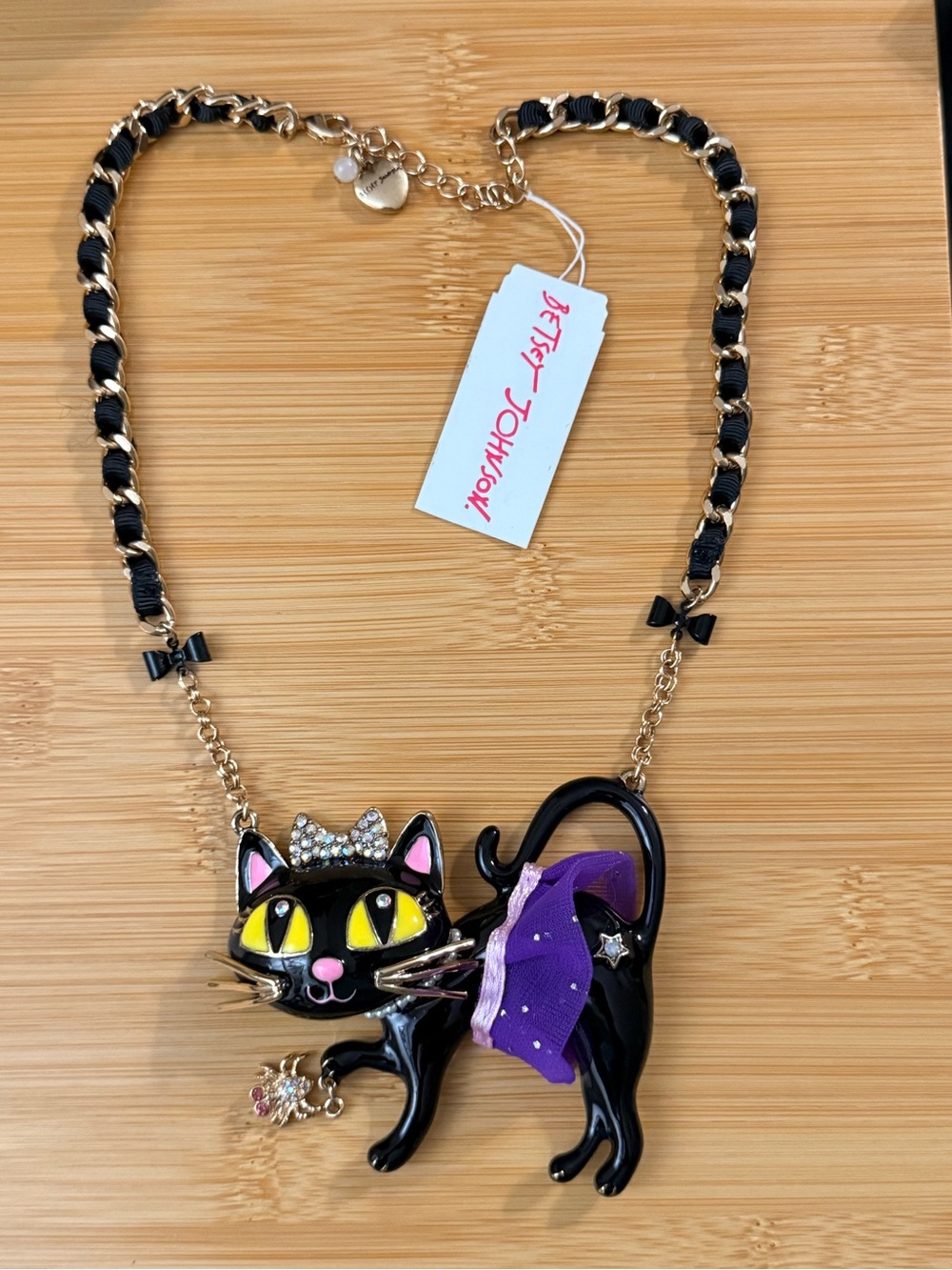 Betsey Johnson Black Cat Necklace with Purple Skirt & Yellow Eyes
